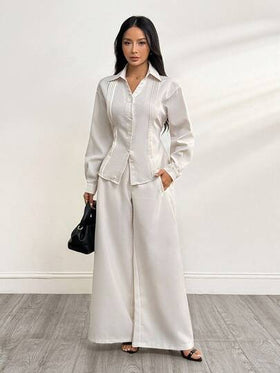 SHEIN PETITE بدلة كاجوال للنساء مكونة من قميص مطوي باللون الأحادي وبنطال واسع الساق، إصدار صغير الحجم، للخريف/الشتاء