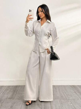 SHEIN PETITE بدلة كاجوال للنساء مكونة من قميص مطوي باللون الأحادي وبنطال واسع الساق، إصدار صغير الحجم، للخريف/الشتاء