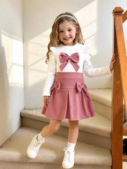 Elladie kids ملابس علوية كاجوال طويلة الأكمام بياقة طاقم مع زخرفة فراشة وكشكشة للفتيات من عمر 4-7 سنوات، وتنورة وردية من الكوردروي مطاطية الخصر مطوية، مناسبة للارتداء اليومي والخروجات الكاجوال