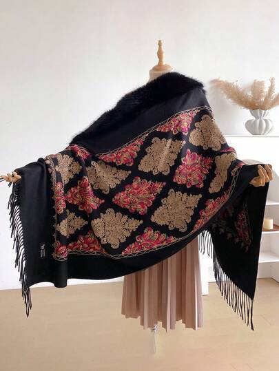 وشاح وياقة فرو مطرزة بنمط قصر أنيق قطعة واحدة، تصميم بوهيمي، وشاح مطرز دافئ وياقة فرو كاب، يأتي مع دبوس وردة لؤلؤية واحدة، إكسسوار عصري للدفء، هدية مثالية للنساء، مناسب للارتداء اليومي مع الفستان