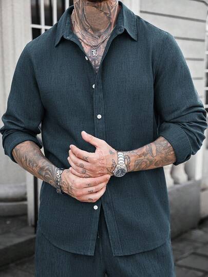 Manfinity CasualCool قميص كاجوال طويل الأكمام من الكتان للرجال، لون أزرق مائل للأخضر، قميص كاجوال للرجال، قميص بوهيمي للرجال، قميص نسيج للرجال، قمصان الرجال الكتانية