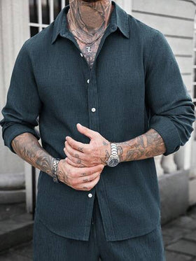Manfinity CasualCool قميص كاجوال طويل الأكمام من الكتان للرجال، لون أزرق مائل للأخضر، قميص كاجوال للرجال، قميص بوهيمي للرجال، قميص نسيج للرجال، قمصان الرجال الكتانية