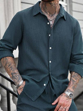 Manfinity CasualCool قميص كاجوال طويل الأكمام من الكتان للرجال، لون أزرق مائل للأخضر، قميص كاجوال للرجال، قميص بوهيمي للرجال، قميص نسيج للرجال، قمصان الرجال الكتانية
