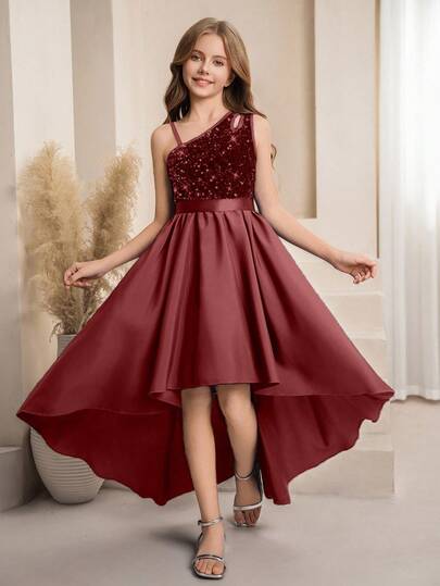 SHEIN فستان أنيق بقصة أحادية الكتف مع قطع وترتر مناسب لفتيات الزهور والفتيات الكبيرات، قصة A-line غير متماثلة الذيل، مناسب للأعراس والحفلات الراقية وأعياد الميلاد والمناسبات