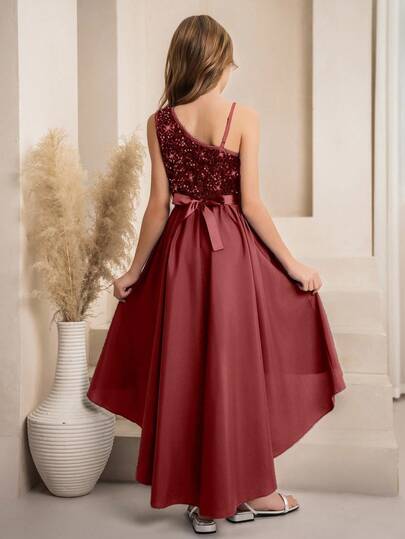 SHEIN فستان أنيق بقصة أحادية الكتف مع قطع وترتر مناسب لفتيات الزهور والفتيات الكبيرات، قصة A-line غير متماثلة الذيل، مناسب للأعراس والحفلات الراقية وأعياد الميلاد والمناسبات