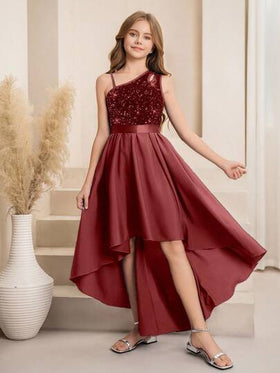 SHEIN فستان أنيق بقصة أحادية الكتف مع قطع وترتر مناسب لفتيات الزهور والفتيات الكبيرات، قصة A-line غير متماثلة الذيل، مناسب للأعراس والحفلات الراقية وأعياد الميلاد والمناسبات