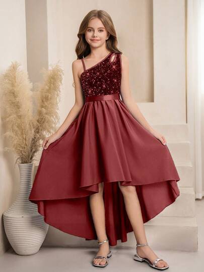 SHEIN فستان أنيق بقصة أحادية الكتف مع قطع وترتر مناسب لفتيات الزهور والفتيات الكبيرات، قصة A-line غير متماثلة الذيل، مناسب للأعراس والحفلات الراقية وأعياد الميلاد والمناسبات