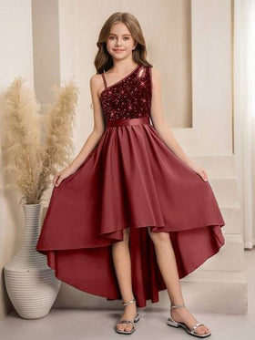 SHEIN فستان أنيق بقصة أحادية الكتف مع قطع وترتر مناسب لفتيات الزهور والفتيات الكبيرات، قصة A-line غير متماثلة الذيل، مناسب للأعراس والحفلات الراقية وأعياد الميلاد والمناسبات