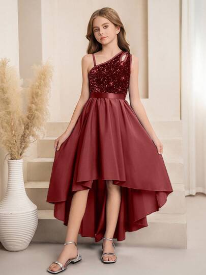 SHEIN فستان أنيق بقصة أحادية الكتف مع قطع وترتر مناسب لفتيات الزهور والفتيات الكبيرات، قصة A-line غير متماثلة الذيل، مناسب للأعراس والحفلات الراقية وأعياد الميلاد والمناسبات