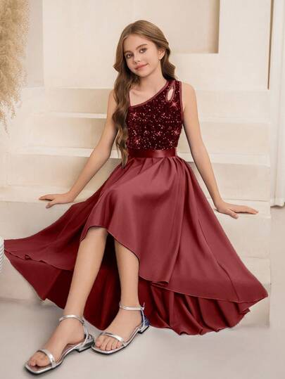 SHEIN فستان أنيق بقصة أحادية الكتف مع قطع وترتر مناسب لفتيات الزهور والفتيات الكبيرات، قصة A-line غير متماثلة الذيل، مناسب للأعراس والحفلات الراقية وأعياد الميلاد والمناسبات