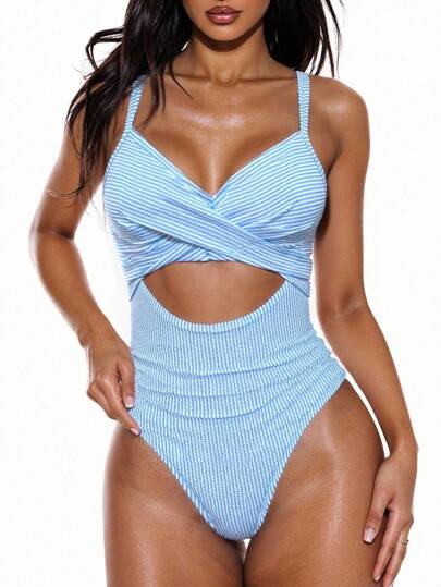 Swim Basics بدلة سباحة قطعة واحدة بتصميم مثير للنساء ، مخطط ، ظهر مفتوح ، أمام مجوف ، ربط أمامي ، صيفية