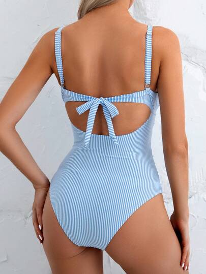 Swim Basics بدلة سباحة قطعة واحدة بتصميم مثير للنساء ، مخطط ، ظهر مفتوح ، أمام مجوف ، ربط أمامي ، صيفية