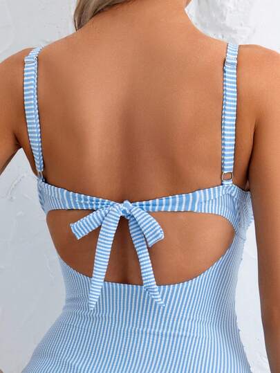Swim Basics بدلة سباحة قطعة واحدة بتصميم مثير للنساء ، مخطط ، ظهر مفتوح ، أمام مجوف ، ربط أمامي ، صيفية