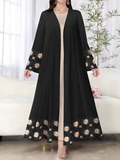 SHEIN Najma عباية عربية كاجوال بأكمام طويلة مطبوعة بطبعة زهور مطرزة بشكل وهمي، للربيع والخريف