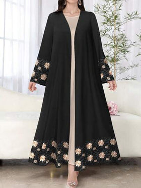 SHEIN Najma عباية عربية كاجوال بأكمام طويلة مطبوعة بطبعة زهور مطرزة بشكل وهمي، للربيع والخريف