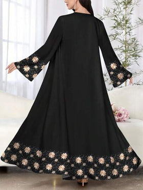 SHEIN Najma عباية عربية كاجوال بأكمام طويلة مطبوعة بطبعة زهور مطرزة بشكل وهمي، للربيع والخريف