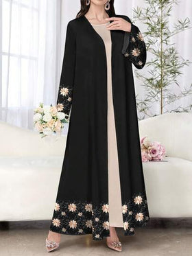 SHEIN Najma عباية عربية كاجوال بأكمام طويلة مطبوعة بطبعة زهور مطرزة بشكل وهمي، للربيع والخريف