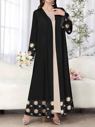 SHEIN Najma عباية عربية كاجوال بأكمام طويلة مطبوعة بطبعة زهور مطرزة بشكل وهمي، للربيع والخريف