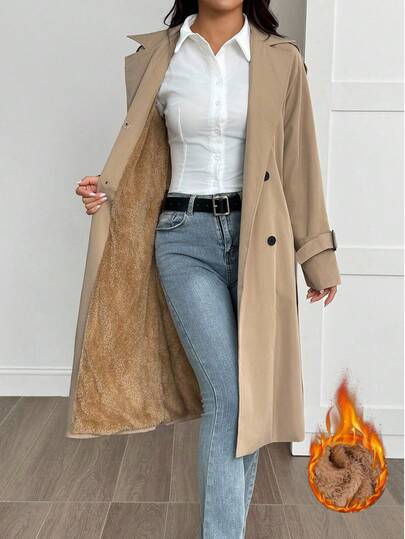 SHEIN PETITE معطف كاجوال نسائي بتصميم مهترئ وزخرفة كلاسيكية بلون الخاكي
