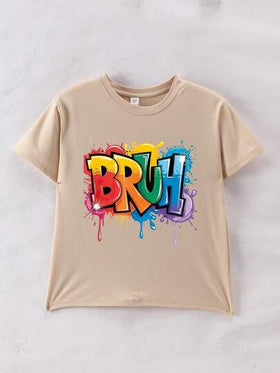 ملابس علوية تي شيرت رقبة دائرية مطبوع عليه "BRUH" للمراهقين الأولاد، قمصان كاجوال ناعمة للصيف