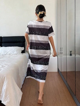 SHEIN فستان نوم كاجوال للنساء بأكمام قصيرة مخطط، بياقة دائرية، صيفي، فستان ليلي موموو