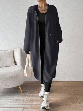SHEIN EZwear معطف أنثوي متوسط الطول بقلنسوة رمادي مبطن بالحرارة، كارديجان طويل جديد لموسم الخريف/الشتاء، ملابس خريفية بسيطة للنساء، ملابس دافئة للخريف والشتاء للنساء