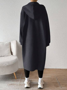 SHEIN EZwear معطف أنثوي متوسط الطول بقلنسوة رمادي مبطن بالحرارة، كارديجان طويل جديد لموسم الخريف/الشتاء، ملابس خريفية بسيطة للنساء، ملابس دافئة للخريف والشتاء للنساء