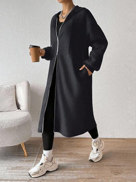SHEIN EZwear معطف أنثوي متوسط الطول بقلنسوة رمادي مبطن بالحرارة، كارديجان طويل جديد لموسم الخريف/الشتاء، ملابس خريفية بسيطة للنساء، ملابس دافئة للخريف والشتاء للنساء