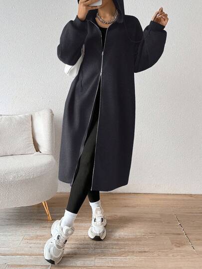 SHEIN EZwear معطف أنثوي متوسط الطول بقلنسوة رمادي مبطن بالحرارة، كارديجان طويل جديد لموسم الخريف/الشتاء، ملابس خريفية بسيطة للنساء، ملابس دافئة للخريف والشتاء للنساء