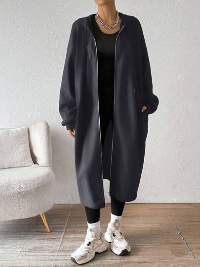 SHEIN EZwear معطف أنثوي متوسط الطول بقلنسوة رمادي مبطن بالحرارة، كارديجان طويل جديد لموسم الخريف/الشتاء، ملابس خريفية بسيطة للنساء، ملابس دافئة للخريف والشتاء للنساء