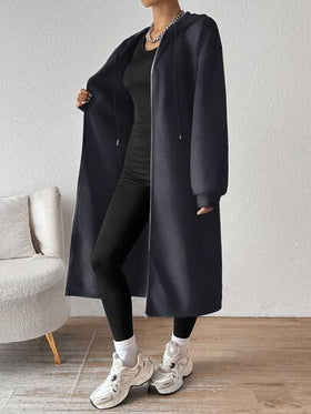 SHEIN EZwear معطف أنثوي متوسط الطول بقلنسوة رمادي مبطن بالحرارة، كارديجان طويل جديد لموسم الخريف/الشتاء، ملابس خريفية بسيطة للنساء، ملابس دافئة للخريف والشتاء للنساء