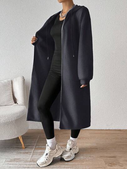SHEIN EZwear معطف أنثوي متوسط الطول بقلنسوة رمادي مبطن بالحرارة، كارديجان طويل جديد لموسم الخريف/الشتاء، ملابس خريفية بسيطة للنساء، ملابس دافئة للخريف والشتاء للنساء
