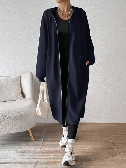 SHEIN EZwear معطف أزرق داكن مبطن بطبقة عازلة للحرارة، متوسط الطول، للنساء، خريف/شتاء