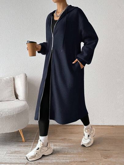 SHEIN EZwear معطف أزرق داكن مبطن بطبقة عازلة للحرارة، متوسط الطول، للنساء، خريف/شتاء