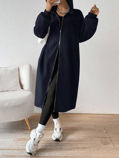 SHEIN EZwear معطف أزرق داكن مبطن بطبقة عازلة للحرارة، متوسط الطول، للنساء، خريف/شتاء