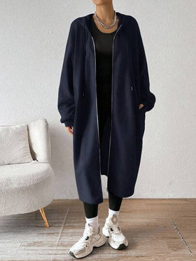 SHEIN EZwear معطف أزرق داكن مبطن بطبقة عازلة للحرارة، متوسط الطول، للنساء، خريف/شتاء