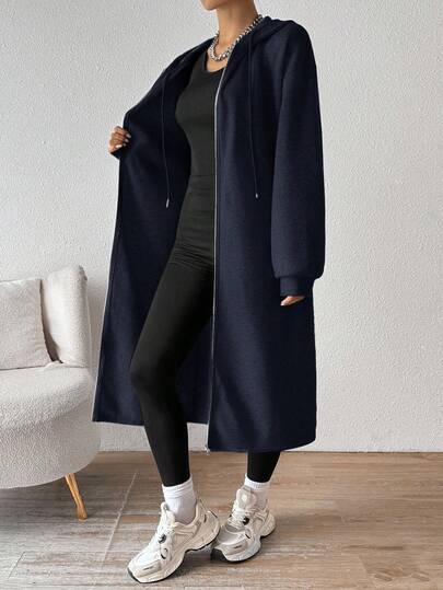 SHEIN EZwear معطف أزرق داكن مبطن بطبقة عازلة للحرارة، متوسط الطول، للنساء، خريف/شتاء