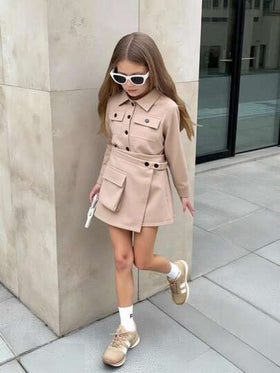 SHEIN مجموعة بنطلون شورت كاجوال + جاكيت للبنات، جاكيت قصير كم طويل وبنطلون، للربيع/الخريف، 2 قطعة