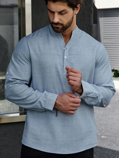 Manfinity Homme قميص رجالي بأكمام قابلة للطي وأزرار نصفية، موسم الخريف