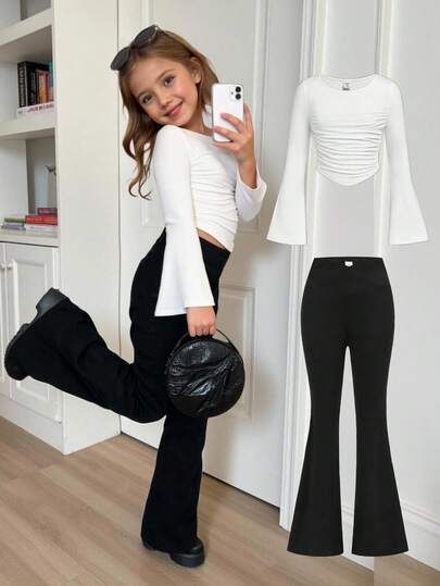 SHEIN بنطلون أسود ذو خصر عالي وقصة واسعة مناسب للفتيات الصغيرات، مناسب للملابس المنزلية والكاجوال والرياضة الخارجية، يمكن ارتداؤه مع ملابس رياضية، مناسب للخريف/الشتاء، المدرسة، الاستخدام اليومي
