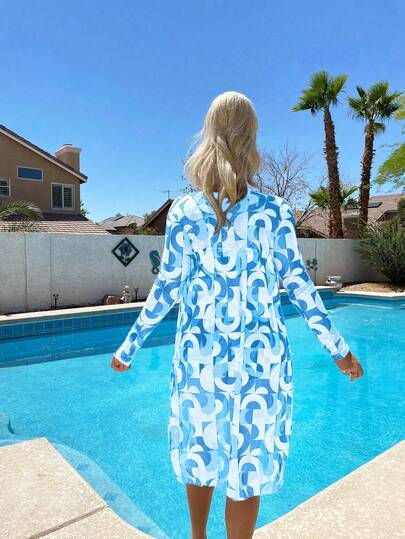 SHEIN Swim ملابس سباحة بيكيني طباعة شامل رباط مع كيمونو