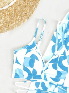 SHEIN Swim ملابس سباحة بيكيني طباعة شامل رباط مع كيمونو