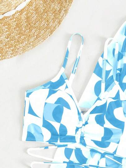 SHEIN Swim ملابس سباحة بيكيني طباعة شامل رباط مع كيمونو