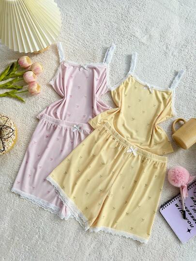 SHEIN 4 قطع طقم بيجامة مكون من سروال قصير وكامي مزين بالدانتيل والطباعة بالفراشات، للبنات الكبيرات