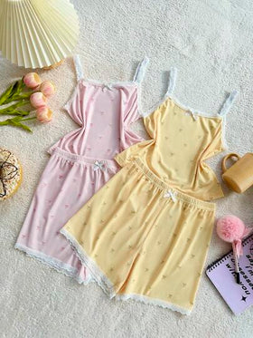 SHEIN 4 قطع طقم بيجامة مكون من سروال قصير وكامي مزين بالدانتيل والطباعة بالفراشات، للبنات الكبيرات