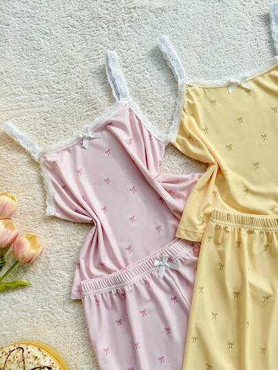 SHEIN 4 قطع طقم بيجامة مكون من سروال قصير وكامي مزين بالدانتيل والطباعة بالفراشات، للبنات الكبيرات