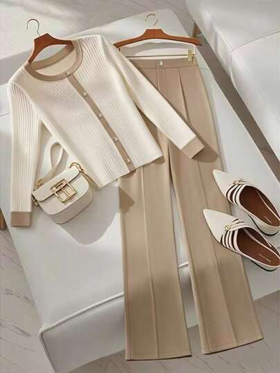SHEIN Franclia طقم نسائي أنيق من قطعتين، بأكمام طويلة وبنطال طويل
