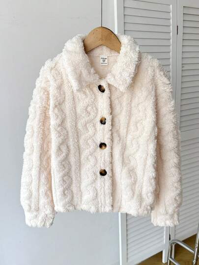 SHEIN معطف طويل الأكمام قابل للعكس بلون بيج ثابت، مناسب للارتداء اليومي الكاجوال في فصلي الخريف والشتاء، للعودة إلى المدرسة، للبنات في فصل الشتاء، للأم والابنة المتطابقة، معطف فرو أنيق للأم والابنة في فصل الخريف