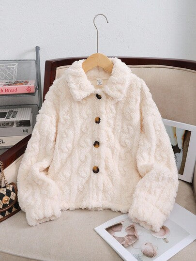 SHEIN معطف طويل الأكمام قابل للعكس بلون بيج ثابت، مناسب للارتداء اليومي الكاجوال في فصلي الخريف والشتاء، للعودة إلى المدرسة، للبنات في فصل الشتاء، للأم والابنة المتطابقة، معطف فرو أنيق للأم والابنة في فصل الخريف