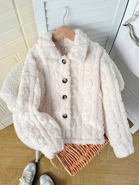 SHEIN معطف طويل الأكمام قابل للعكس بلون بيج ثابت، مناسب للارتداء اليومي الكاجوال في فصلي الخريف والشتاء، للعودة إلى المدرسة، للبنات في فصل الشتاء، للأم والابنة المتطابقة، معطف فرو أنيق للأم والابنة في فصل الخريف